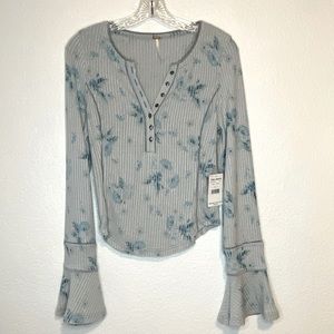 Free People Grey Shirt with Blue Flowers. Flare sleeves